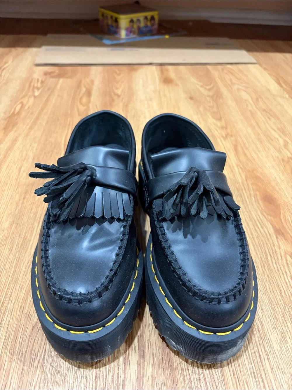 Dr. Martens Kids Black Leather Tassel Kiltie Loafers with Yellow Stitch